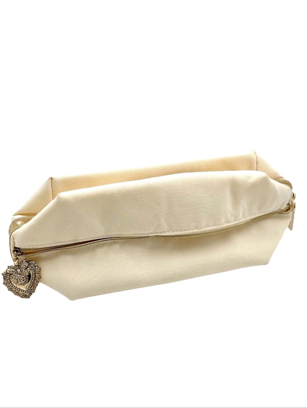 New Dolce & Gabbana Devotion Cream Makeup Clutch Zip Pouch Bag W Heart Charm - Picture 7 of 7